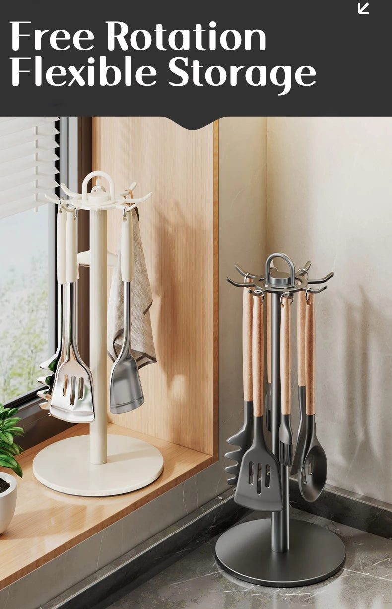 Two kitchen utensil stands with tools on a windowsill and against a neutral wall.