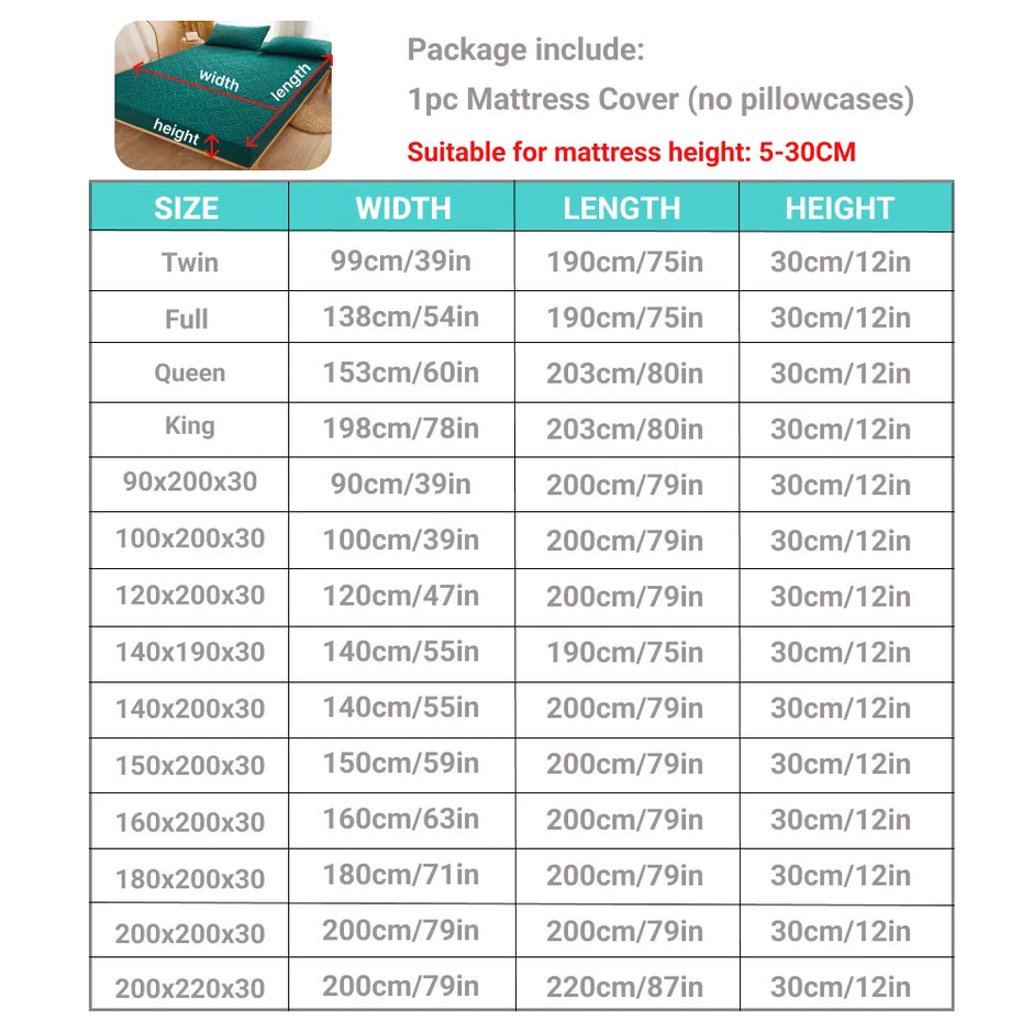 Table displaying mattress cover sizes with dimensions and a visual of a mattress cover.