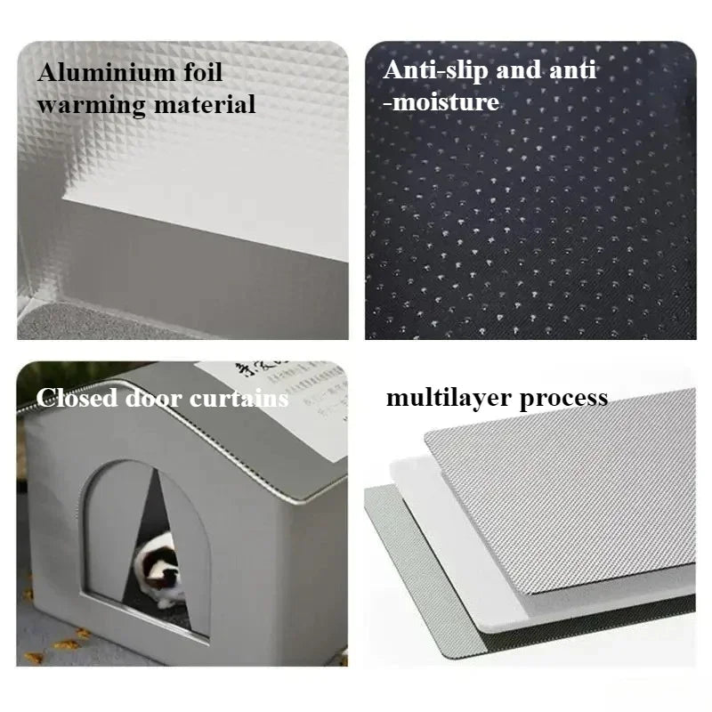 Collage of materials and features including aluminium foil, anti-slip and anti-moisture, closed door curtains, and multilayer process.