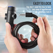 Hands holding a black cable lock with a keyless locking mechanism, featuring text 'EASY TO LOCK'.
