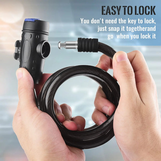 Hands holding a black cable lock with a keyless locking mechanism, featuring text 'EASY TO LOCK'.