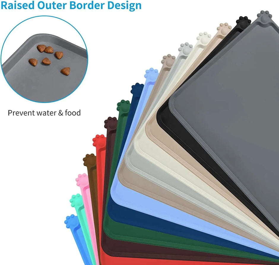 Set of colorful silicone mats with raised outer border design, shown in various colors.