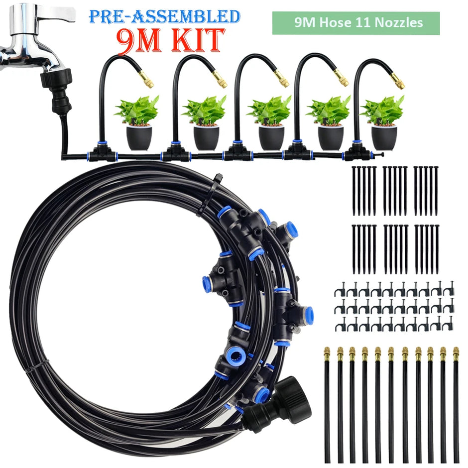 Garden irrigation system kit with hose and nozzles on a white background