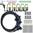Garden irrigation system kit with hose and nozzles on a white background