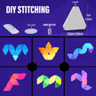 DIY stitching kit with components and examples on a purple background