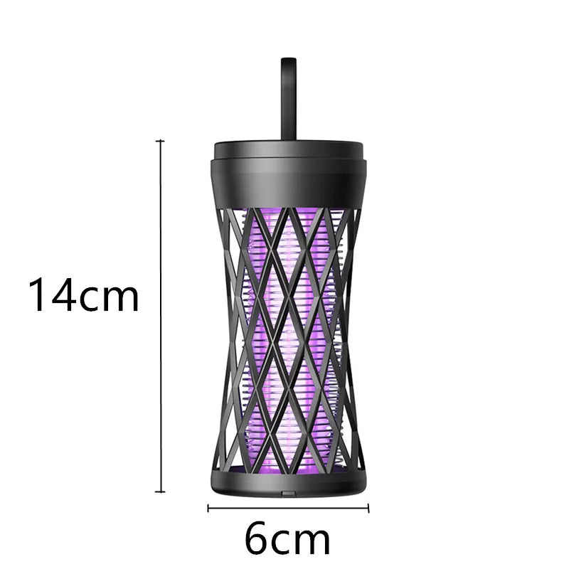Black insect killer with purple interior, shown with dimensions on a white background