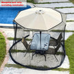 Outdoor umbrella with mosquito netting over a patio set by a pool.