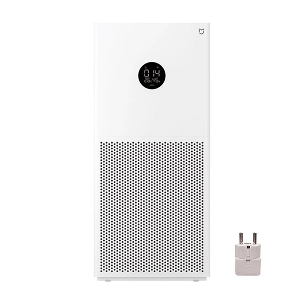 White air purifier with digital display on a white background