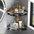 Bathroom corner shelf with various toiletries against a neutral wall.