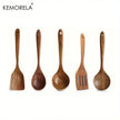 Set of five wooden kitchen utensils with KEMORELA branding on a white background