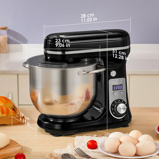 Black stand mixer with measurements on a kitchen counter