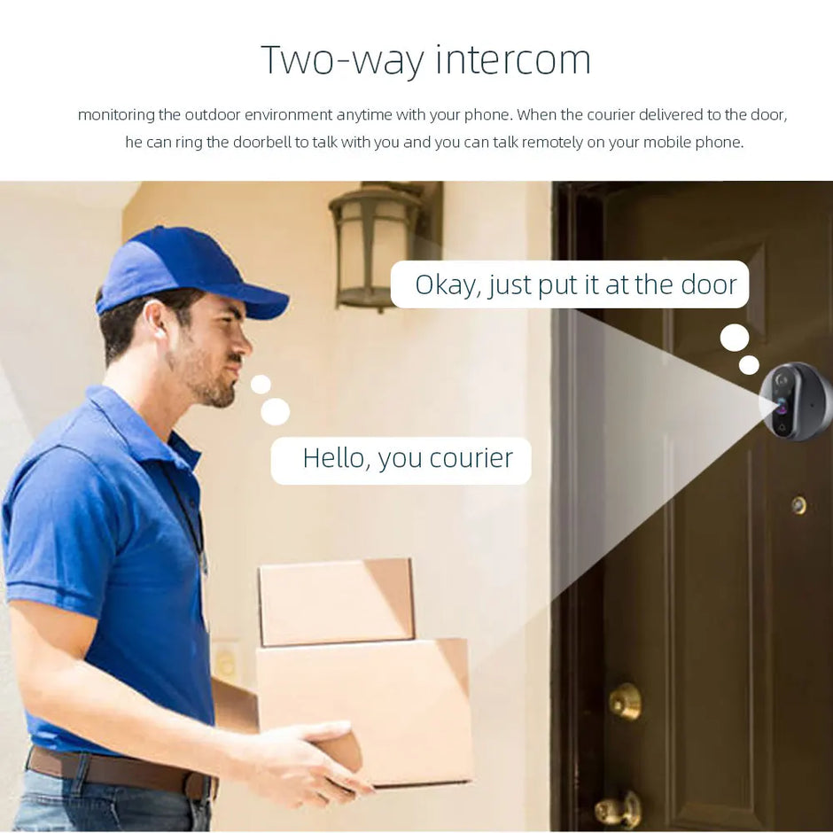 Man delivering packages with a two-way intercom system displayed on screen