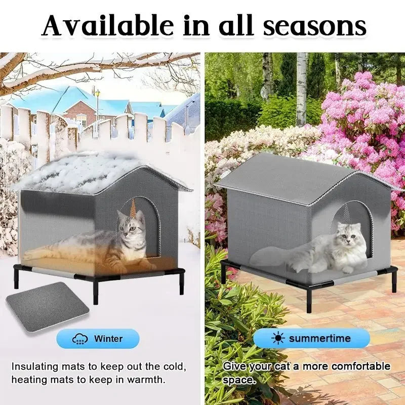 Cat house with insulating and heating mats shown in winter and summer settings.