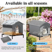 Cat house with insulating and heating mats shown in winter and summer settings.