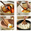 Collage of a wooden spoon being used in various cooking scenarios with different dishes.