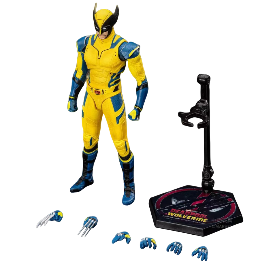 Action figure of a superhero in yellow and blue costume with accessories on a white background