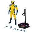 Action figure of a superhero in yellow and blue costume with accessories on a white background