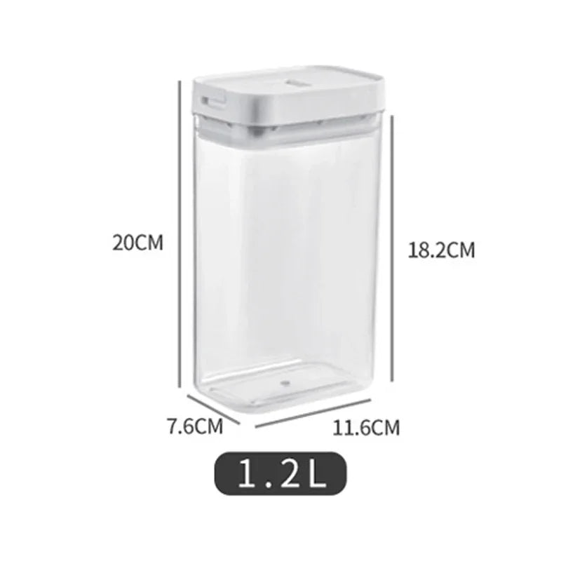 Clear storage container with dimensions and volume label on a white background