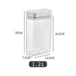 Clear storage container with dimensions and volume label on a white background