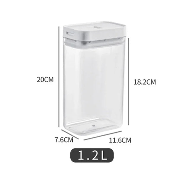Clear storage container with dimensions and volume label on a white background