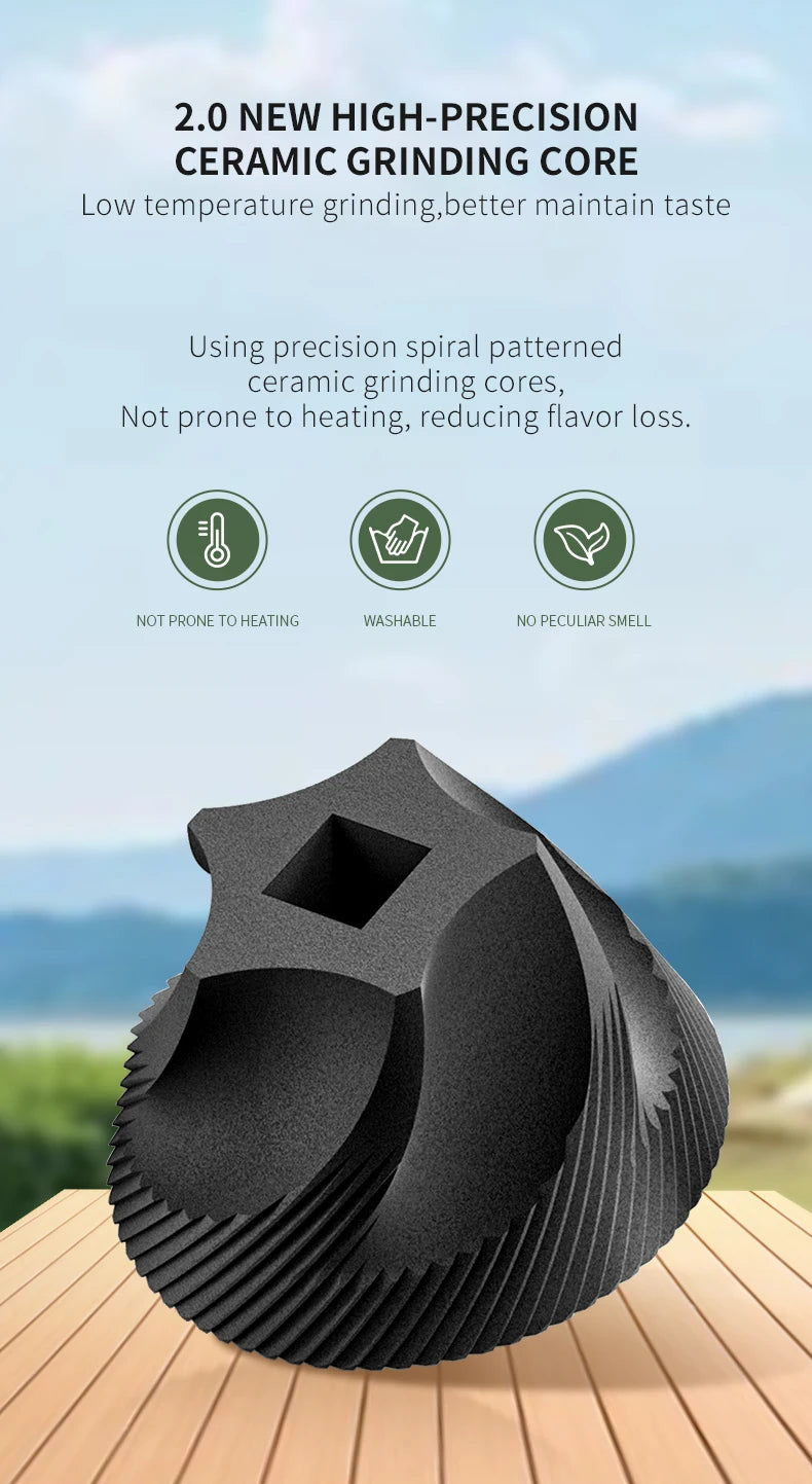 Black ceramic grinding core with scenic background