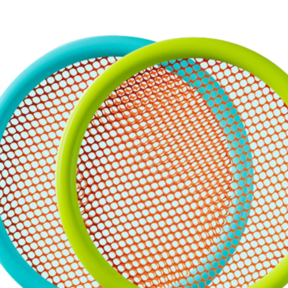 Close-up of two fly swatters with orange mesh and green and blue frames on a white background.