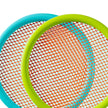 Close-up of two fly swatters with orange mesh and green and blue frames on a white background.