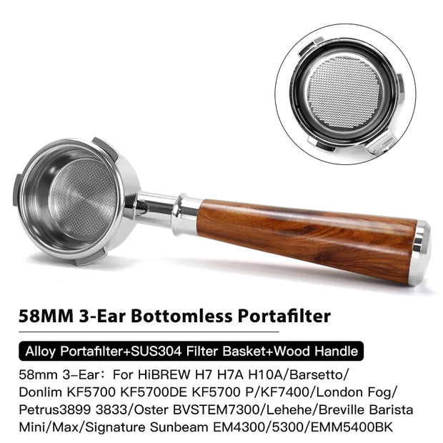58mm Bottomless Portafilter – 3-Ear, SUS304 Basket, Compatible with Breville, HiBREW, Barsetto & More