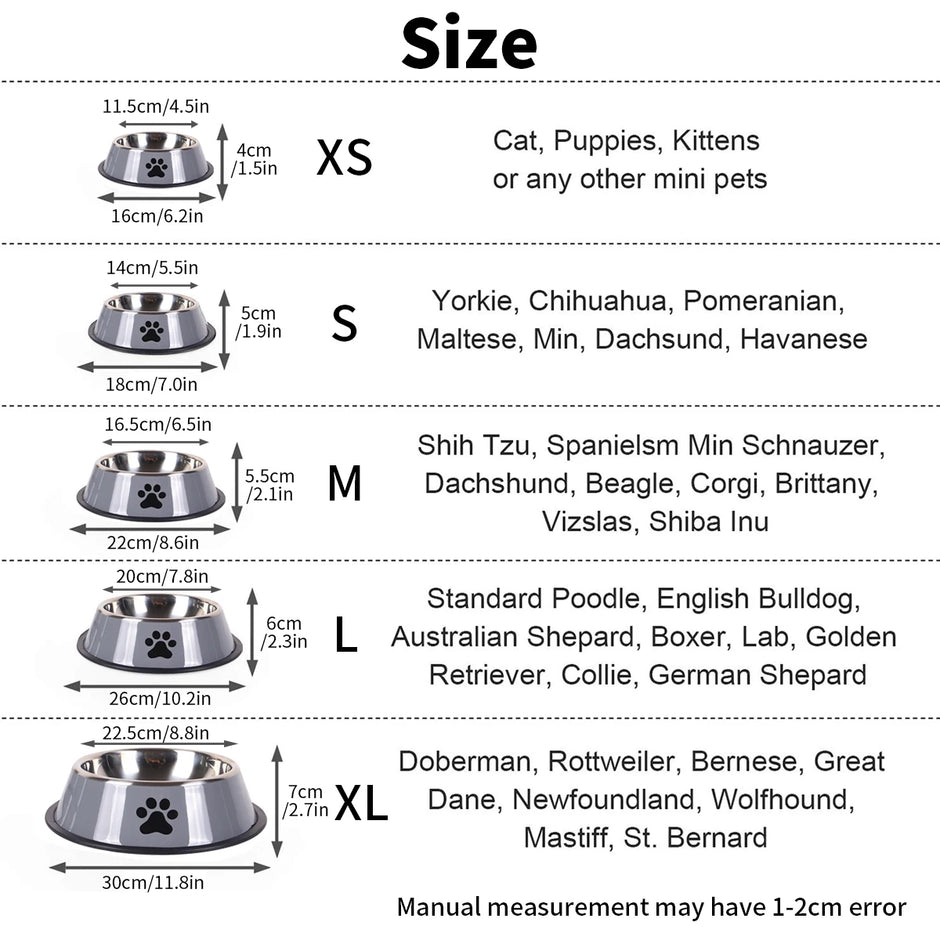 Size chart for pet bowls with measurements and recommended pet types.