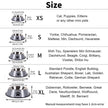 Size chart for pet bowls with measurements and recommended pet types.