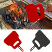 Red fire starter tool being used to ignite coals with close-up illustrations of the tool.