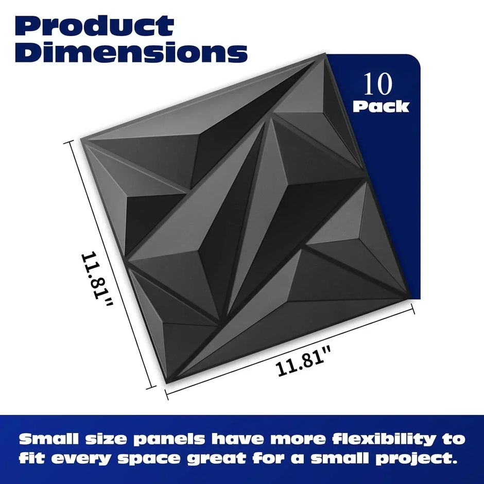 Product dimensions of a 10-pack geometric wall panel with measurements and text on a white background.