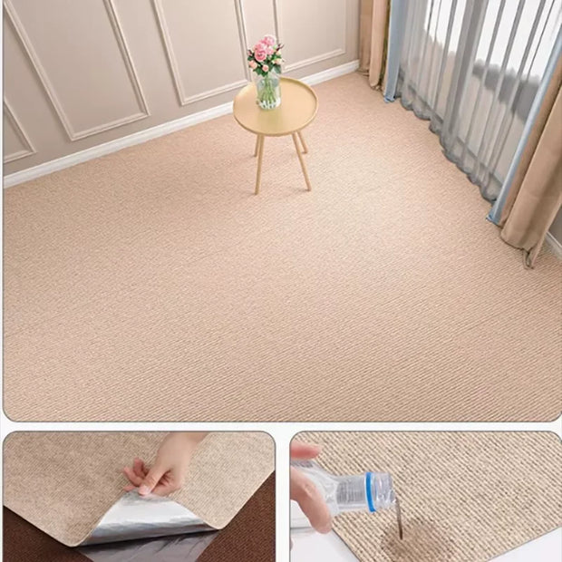 Beige carpet in a room with a small table and flowers, followed by close-ups of the carpet's texture and water resistance.