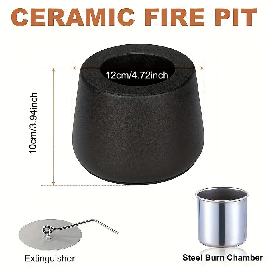 Ceramic fire pit with dimensions, extinguisher, and steel burn chamber on a white background