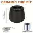 Ceramic fire pit with dimensions, extinguisher, and steel burn chamber on a white background
