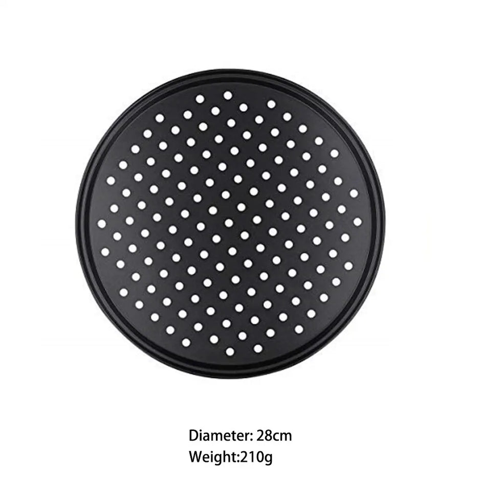 Black pizza tray with holes on a white background