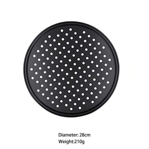 Black pizza tray with holes on a white background