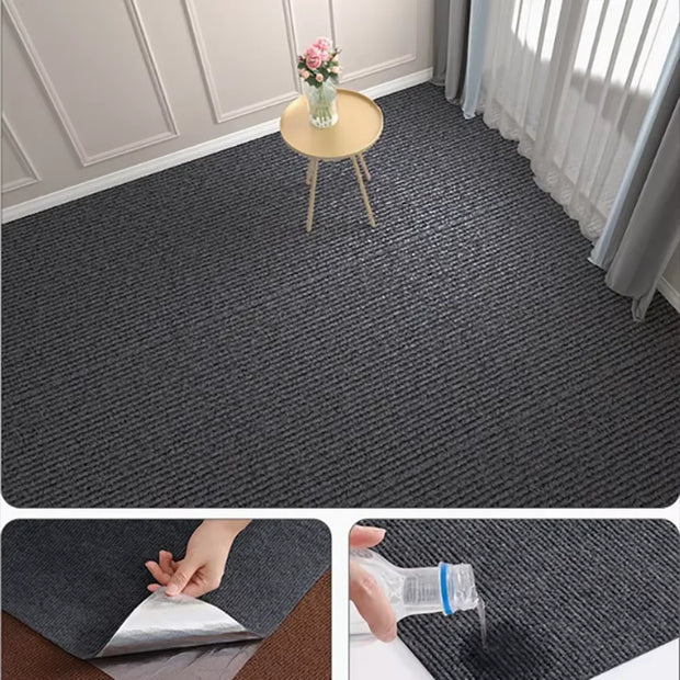 Gray carpet with a small table and flowers, followed by close-ups of applying a product to the carpet.