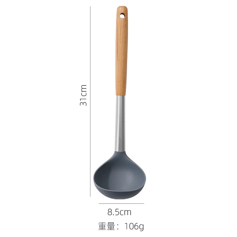 Gray ladle with wooden handle and measurements on a white background