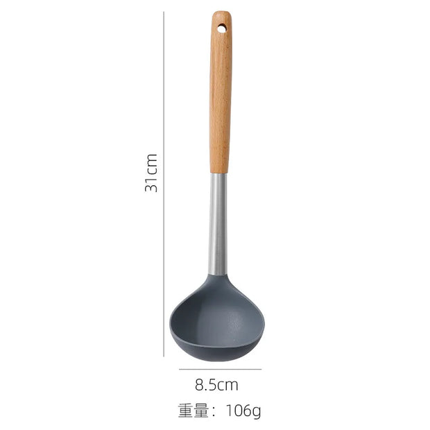 Gray ladle with wooden handle and measurements on a white background