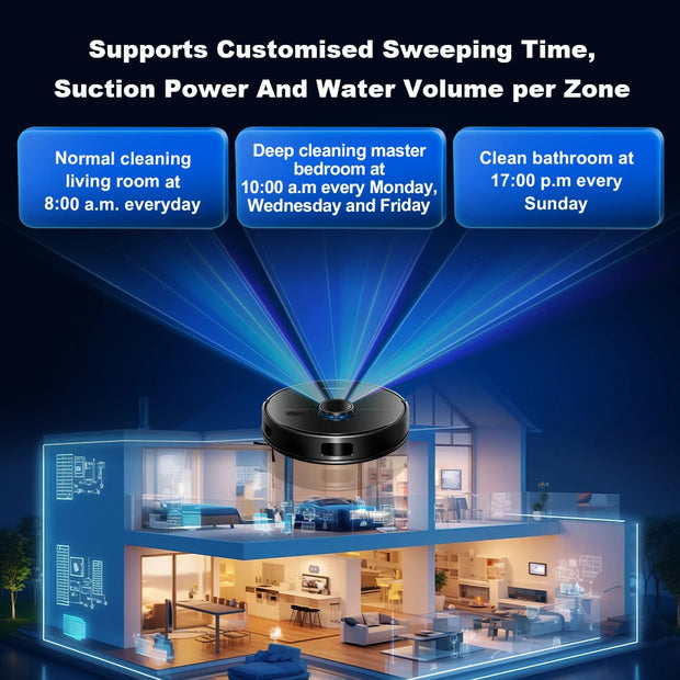 Smart cleaning device with scheduling features over a house layout.