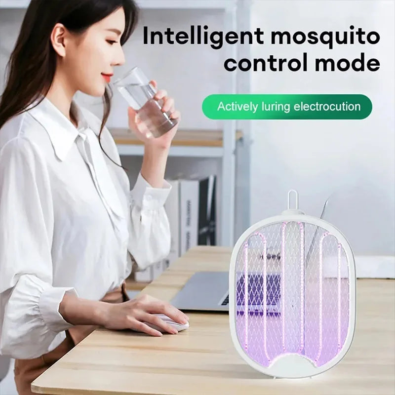 Woman at a desk with a mosquito control device on the table, labeled 'Intelligent mosquito control mode'.
