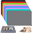 Set of colorful silicone pet mats with a gray mat featuring two bowls and pets.