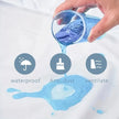 Hand pouring blue liquid into a container with icons indicating waterproof, anti-dust, and ventilate features.