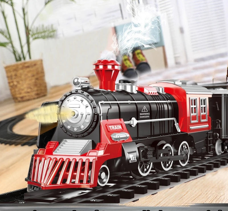 Toy train with red and black engine on tracks in a room setting