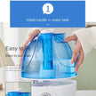 Blue humidifier with inlaid handle being held by a hand, with text indicating features.