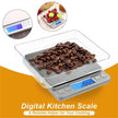 Digital kitchen scale weighing coffee beans with insets showing scale on a surface and fruits.