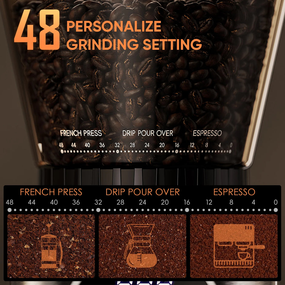 Coffee grinder with adjustable settings for different brewing methods and customizable grinding levels.