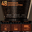 Coffee grinder with adjustable settings for different brewing methods and customizable grinding levels.