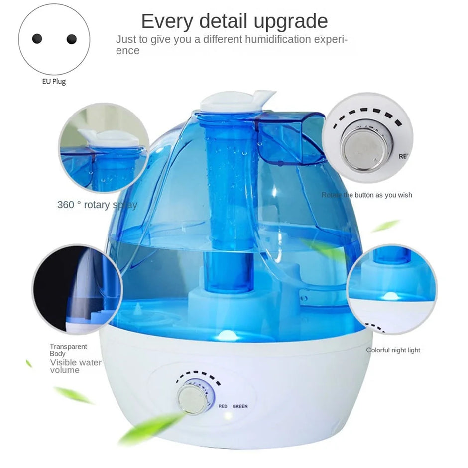Blue and white humidifier with features highlighted on a white background
